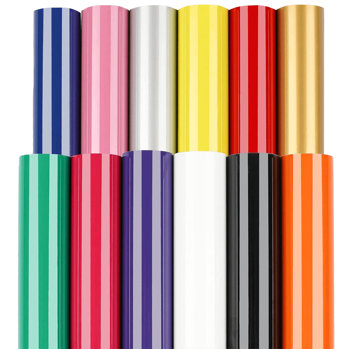 Rolls of vinyl in an assortment of colors stacked into two rows.